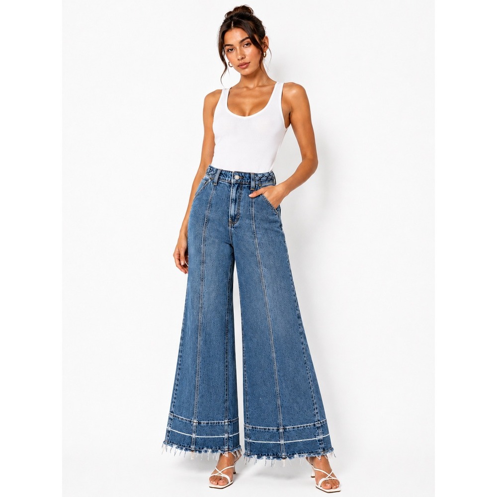 Gap High Stride Wide Leg Jeans Blue Braided Waist Distressed Hem Womens 4 29